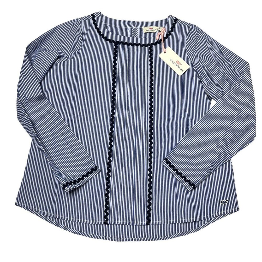 Vineyard Vines Rickrack Stripe Top Girls Yacht Blue Long Sleeve Cotton Size L